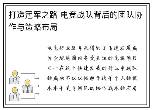 打造冠军之路 电竞战队背后的团队协作与策略布局 打造冠军之路 电竞战队背后的团队协作与策略布局