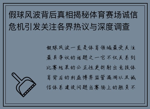 假球风波背后真相揭秘体育赛场诚信危机引发关注各界热议与深度调查
